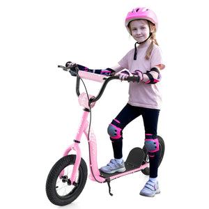 Child with pink scooter and safety gear on a white background