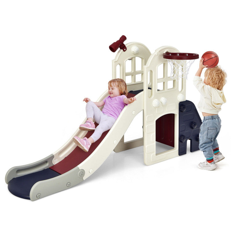 Children playing on a plastic playground set with a slide and basketball hoop.