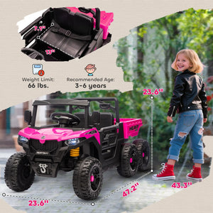 Pink and black toy truck with measurements and a child standing next to it.