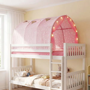 White bunk bed with pink canopy and string lights in a child's room.