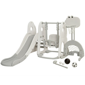 Children's playground set with slide, swing, and accessories on a white background