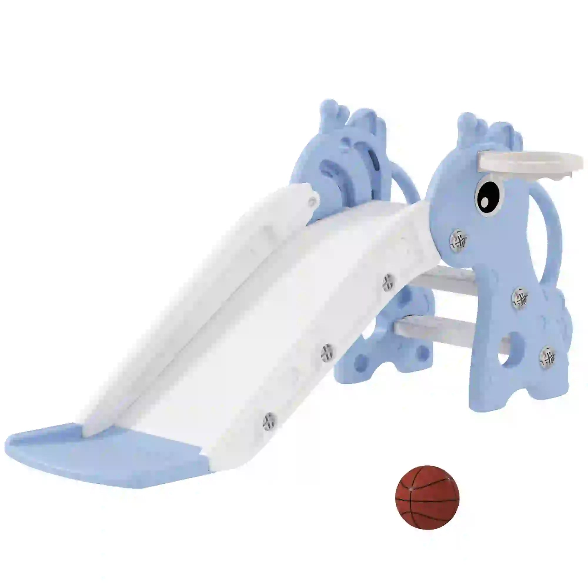 Children's slide with horse design and basketball on a white background