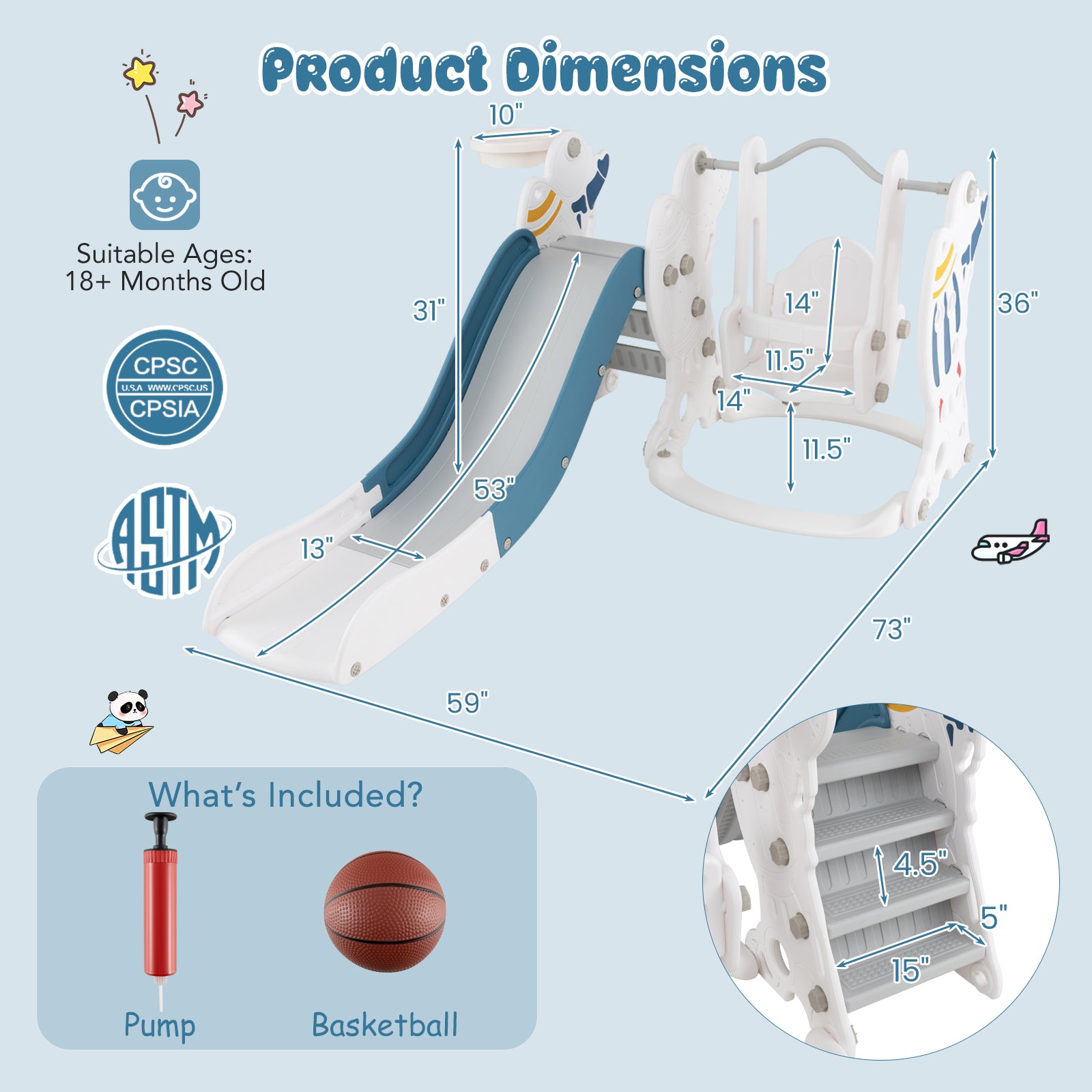 Product dimensions chart for a children's playset with slide, basketball hoop, and accessories on a light blue background.