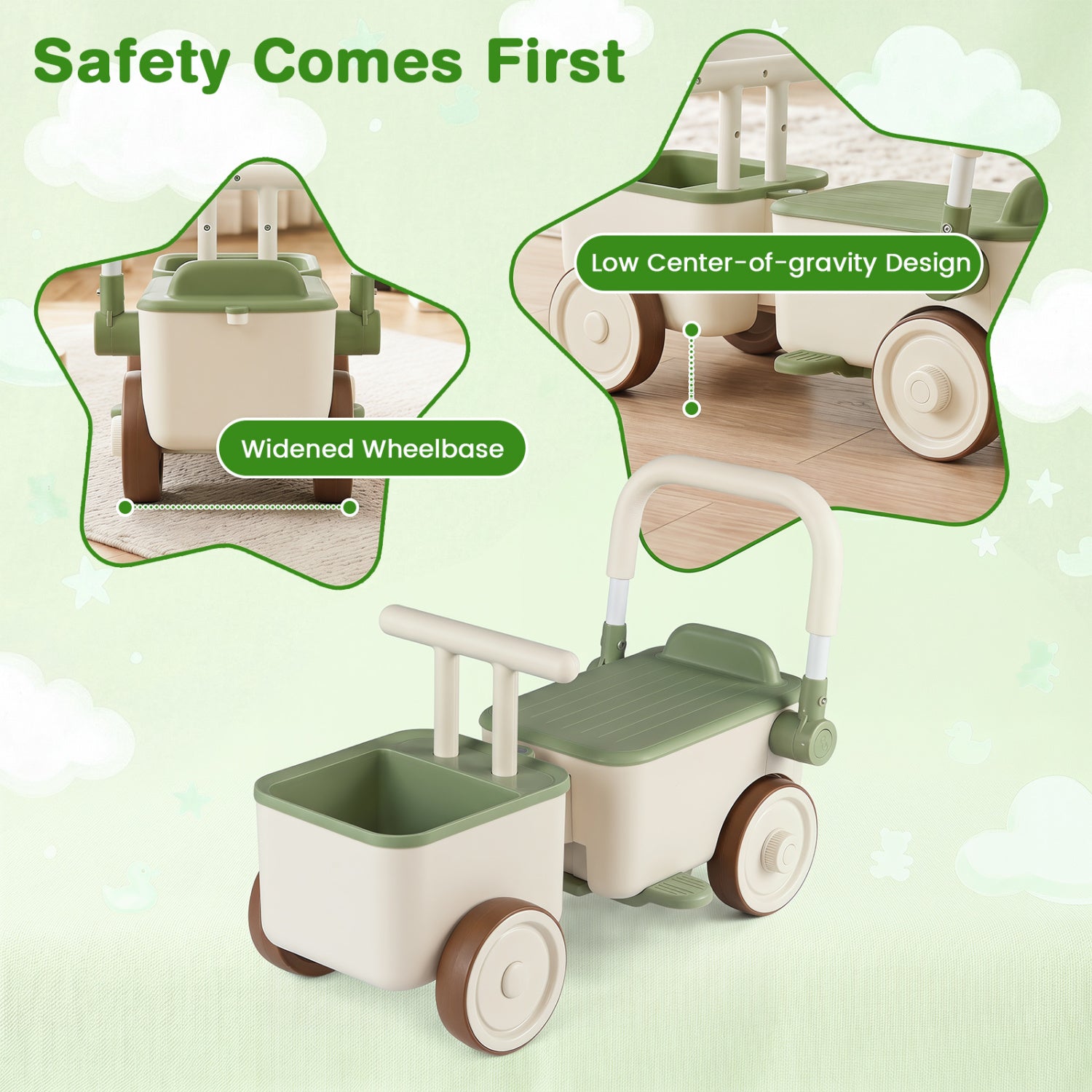Children's push cart with safety features highlighted on a light green background