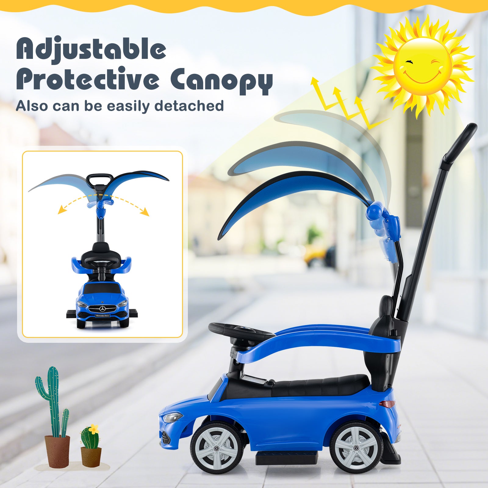 Blue children's push scooter with adjustable protective canopy on a blurred indoor background