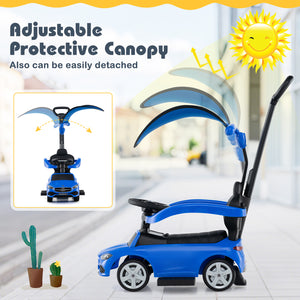 Blue children's push scooter with adjustable protective canopy on a blurred indoor background