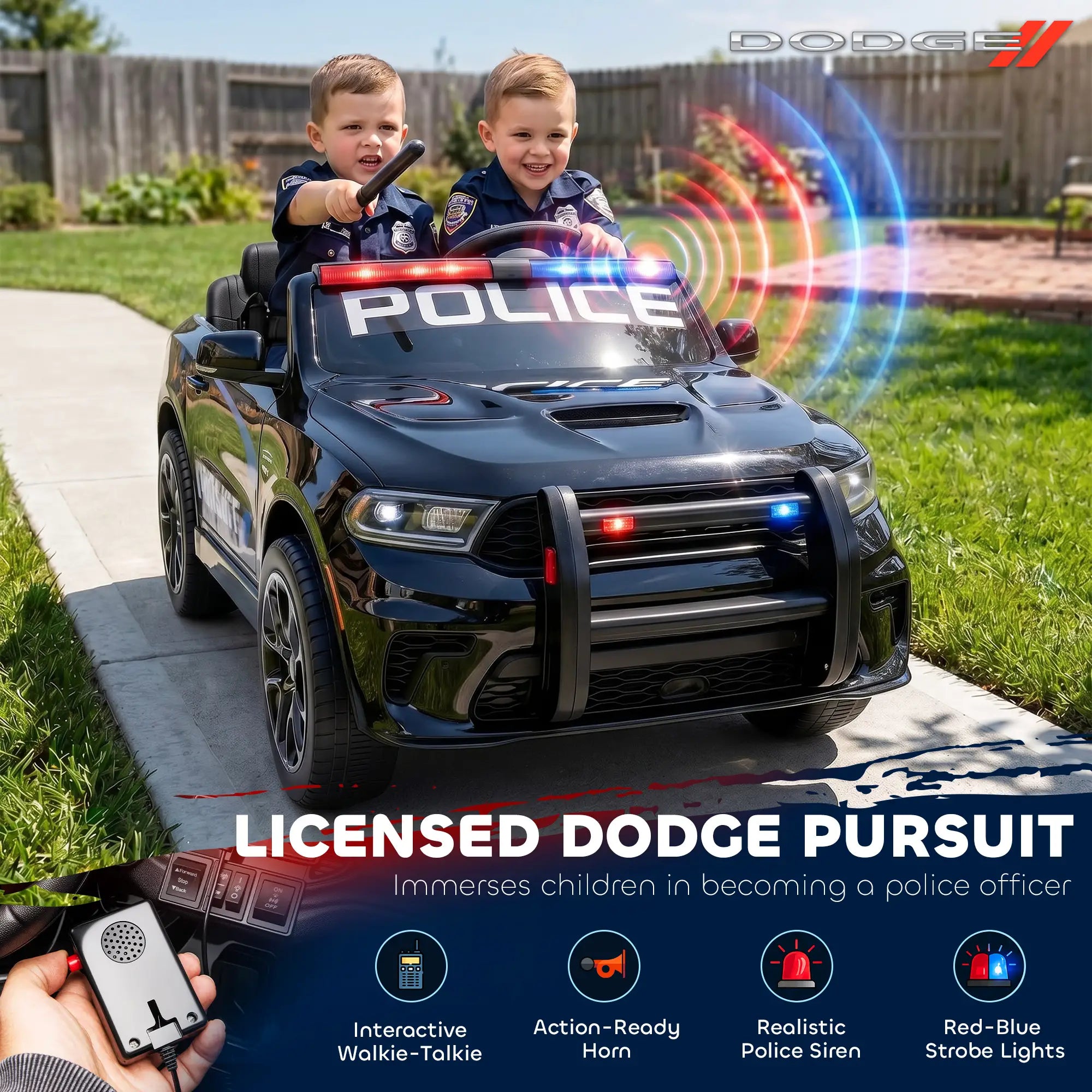 A children's ride-on toy car styled like a black Dodge police car, shown outdoors on a paved path in a backyard with two kids sitting inside. The image includes graphic overlays such as red and blue light effects, a remote control hand in the lower left, and marketing text reading 'Licensed Dodge Pursuit' and feature callouts.