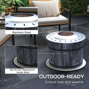 Outdoor fire pit table with stainless steel top and magnesium oxide shell, placed on a patio.