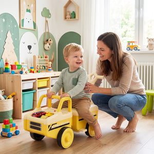 Woman and child playing with a yellow toy tractor in a playroom.
