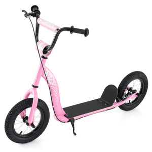 Pink scooter with black handlebars and wheels on a white background