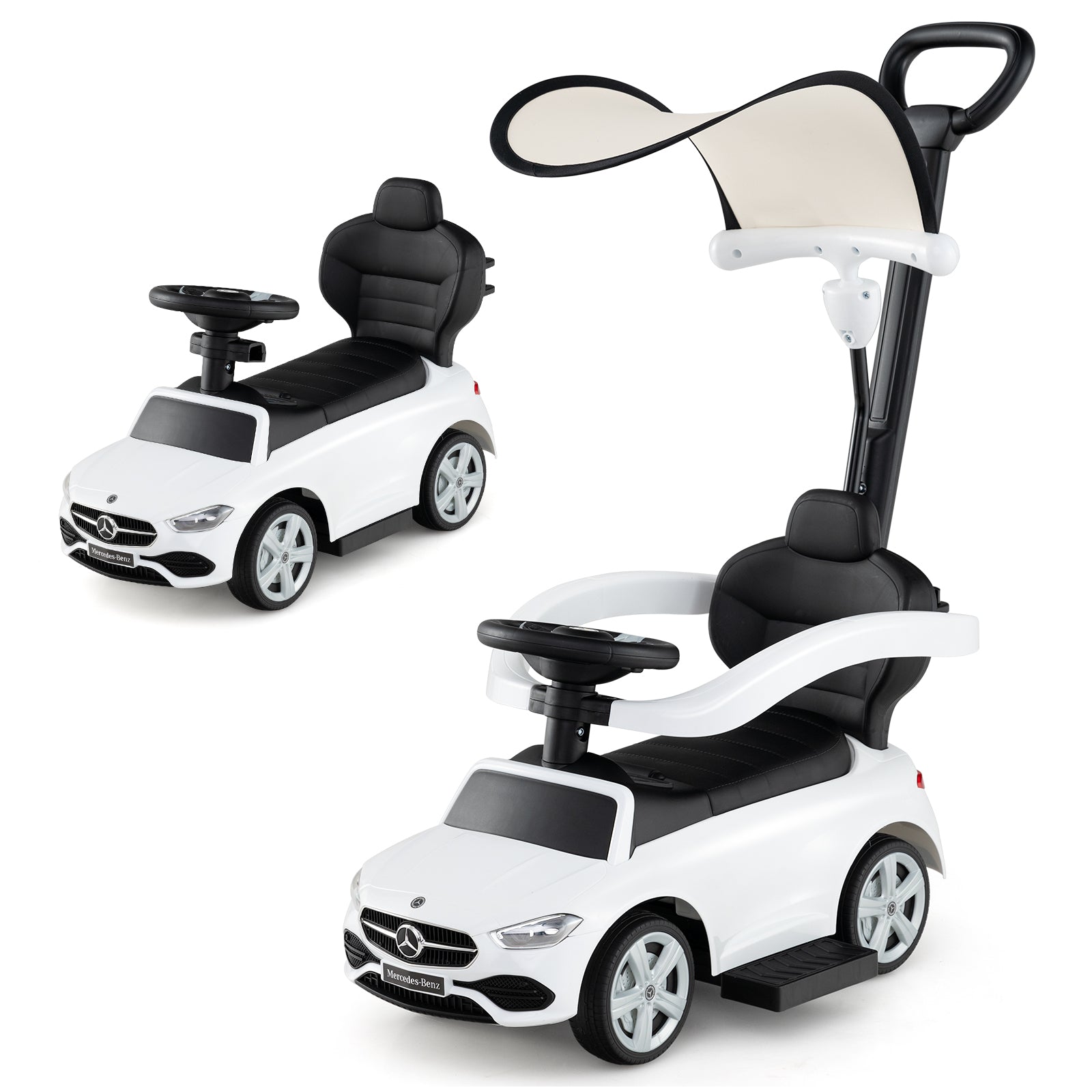 Two toy cars with Mercedes-Benz logo on a white background