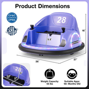 Product dimensions diagram for a blue bumper car toy, showing front, side, and bottom measurements with labeled dimensions, age and weight capacity icons, and certification logos on a white background.