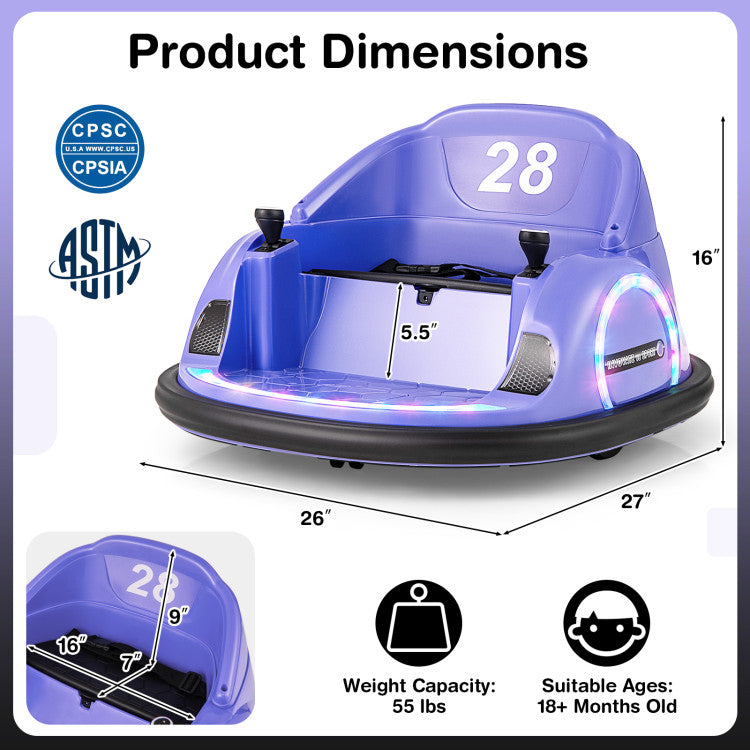 Product dimensions diagram for a blue bumper car toy, showing front, side, and bottom measurements with labeled dimensions, age and weight capacity icons, and certification logos on a white background.