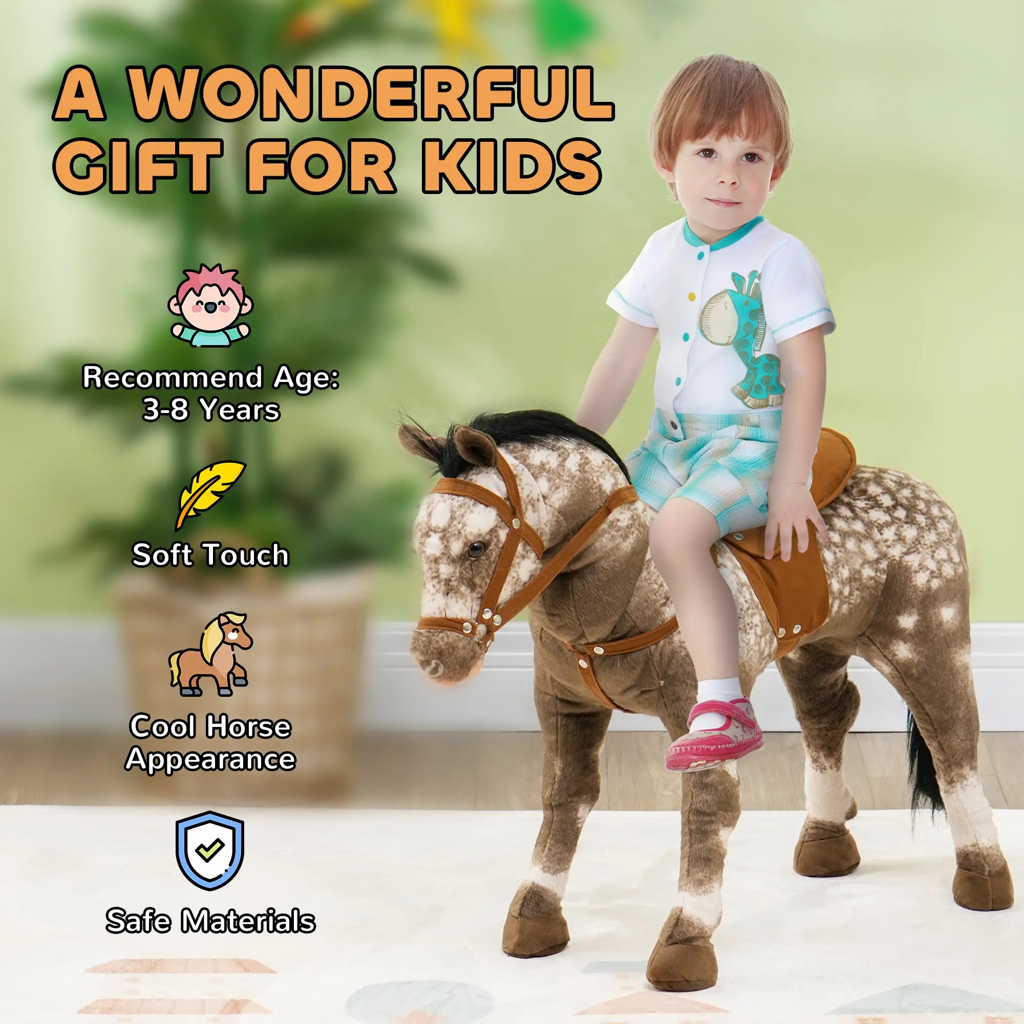 Soft plush surface on children’s ride-on horse
