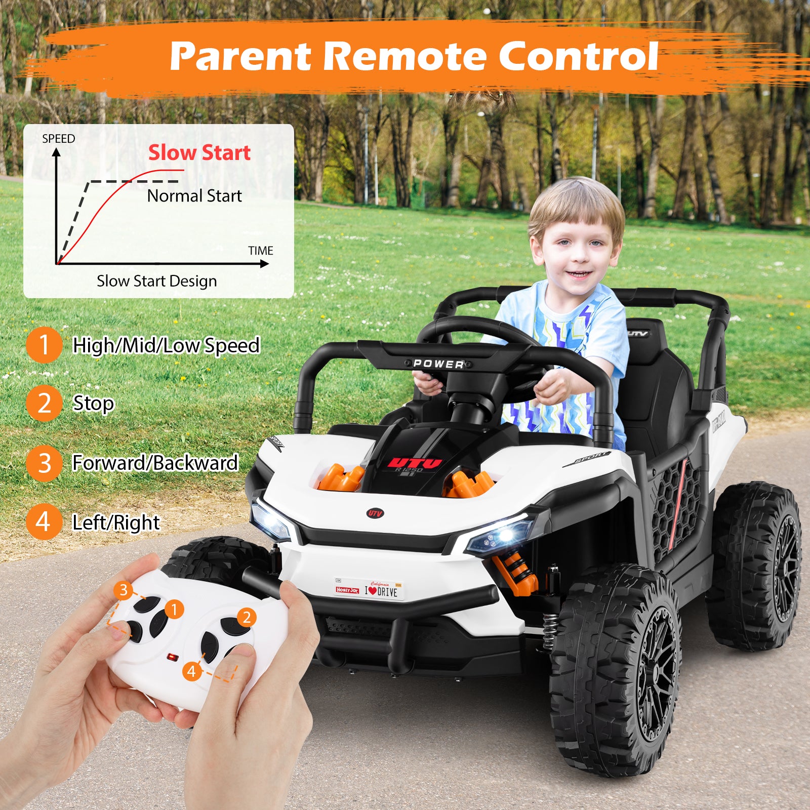 Child playing with a remote control toy car outdoors, with a parent holding the remote.