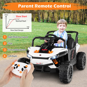 Child playing with a remote control toy car outdoors, with a parent holding the remote.