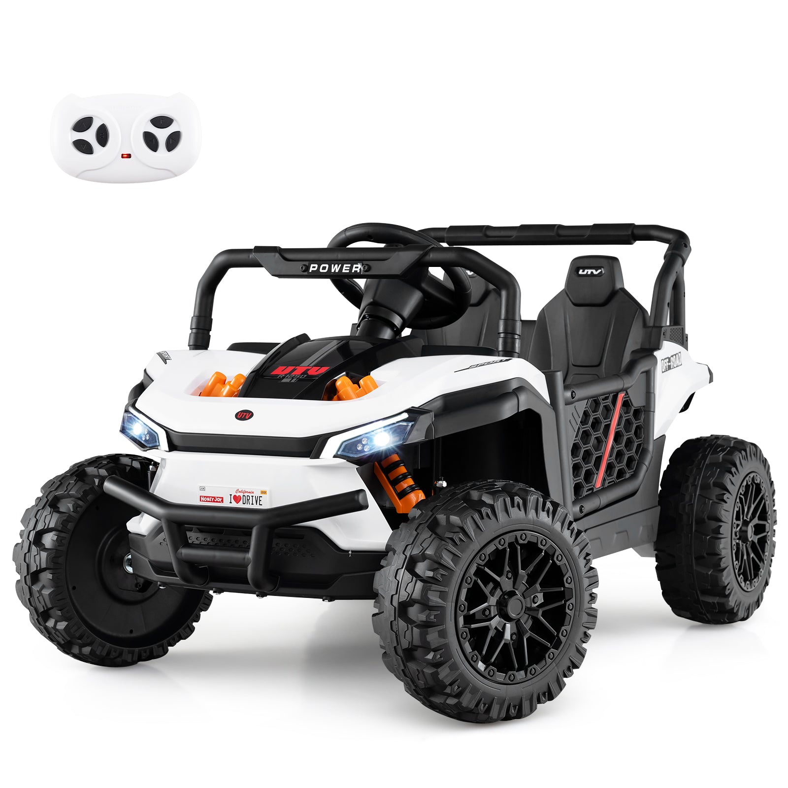 Toy off-road vehicle with remote control on a white background