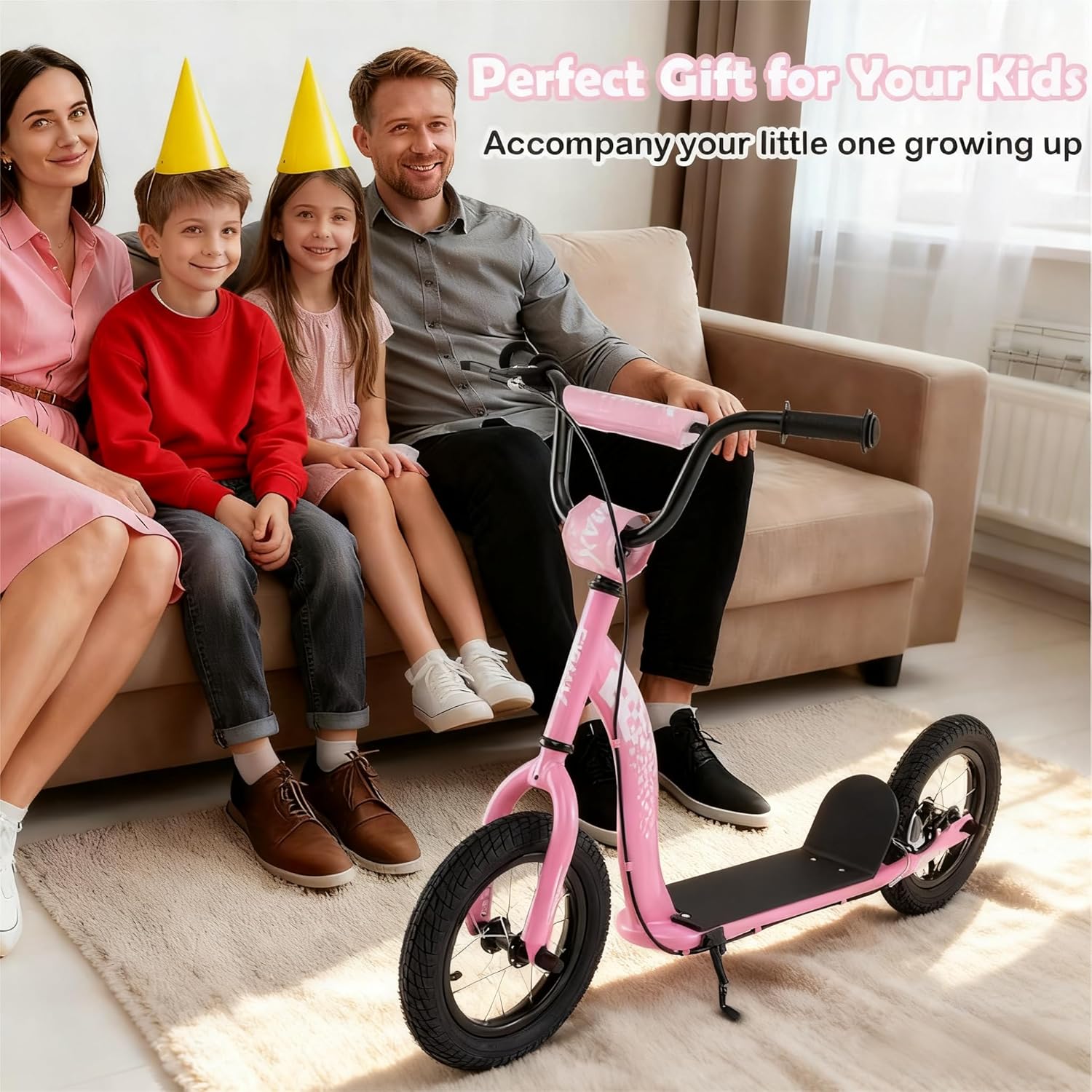 Family sitting on a couch with a pink scooter in front of them, text 'Perfect Gift for Your Kids Accompany your little one growing up'.