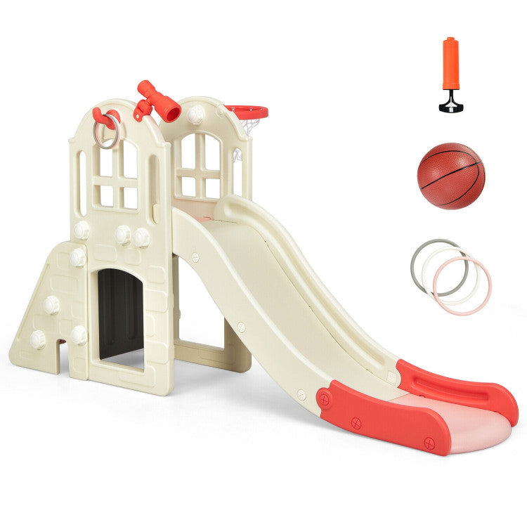 Children's play slide with basketball and rings on a white background