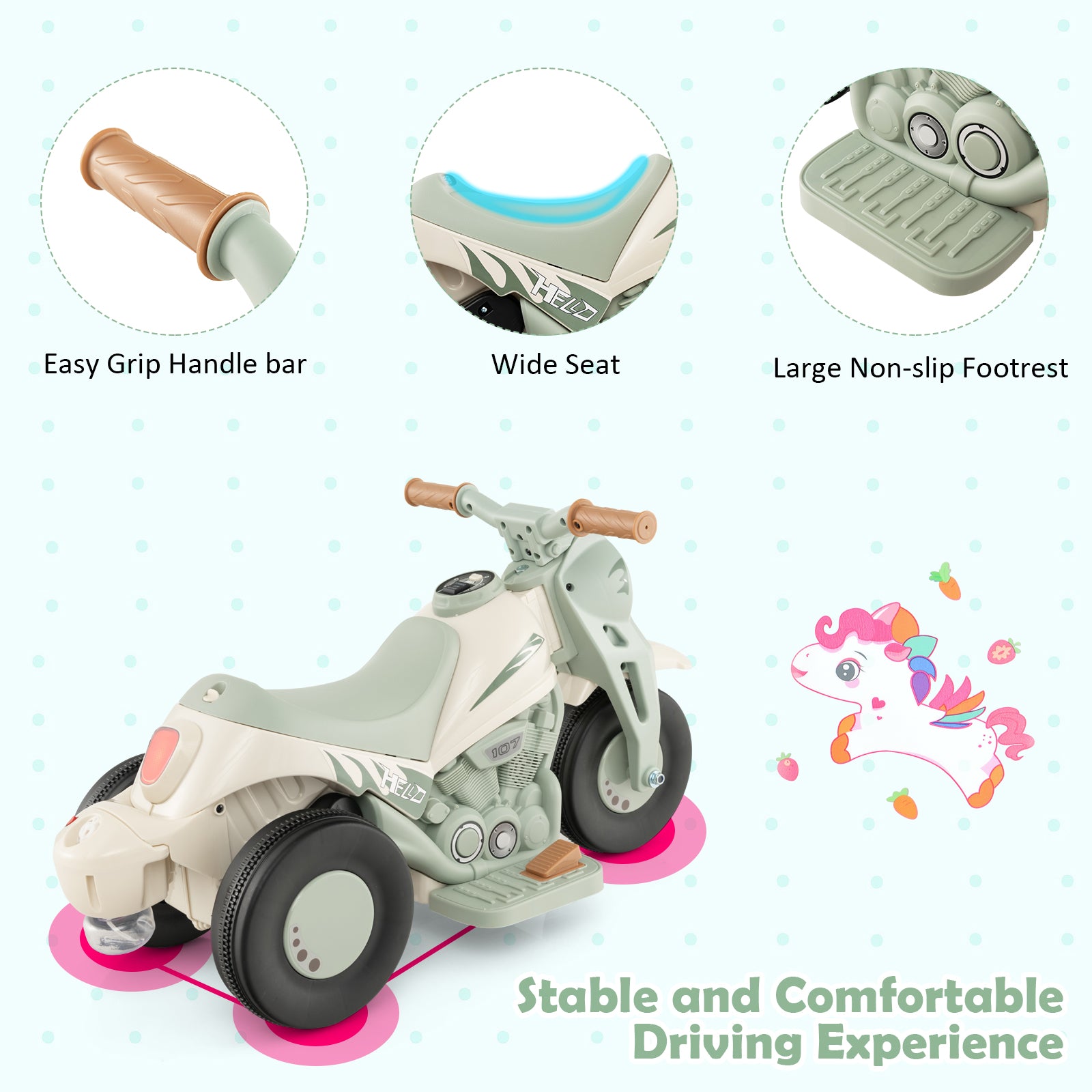 Children's toy motorcycle with features highlighted on a light blue background