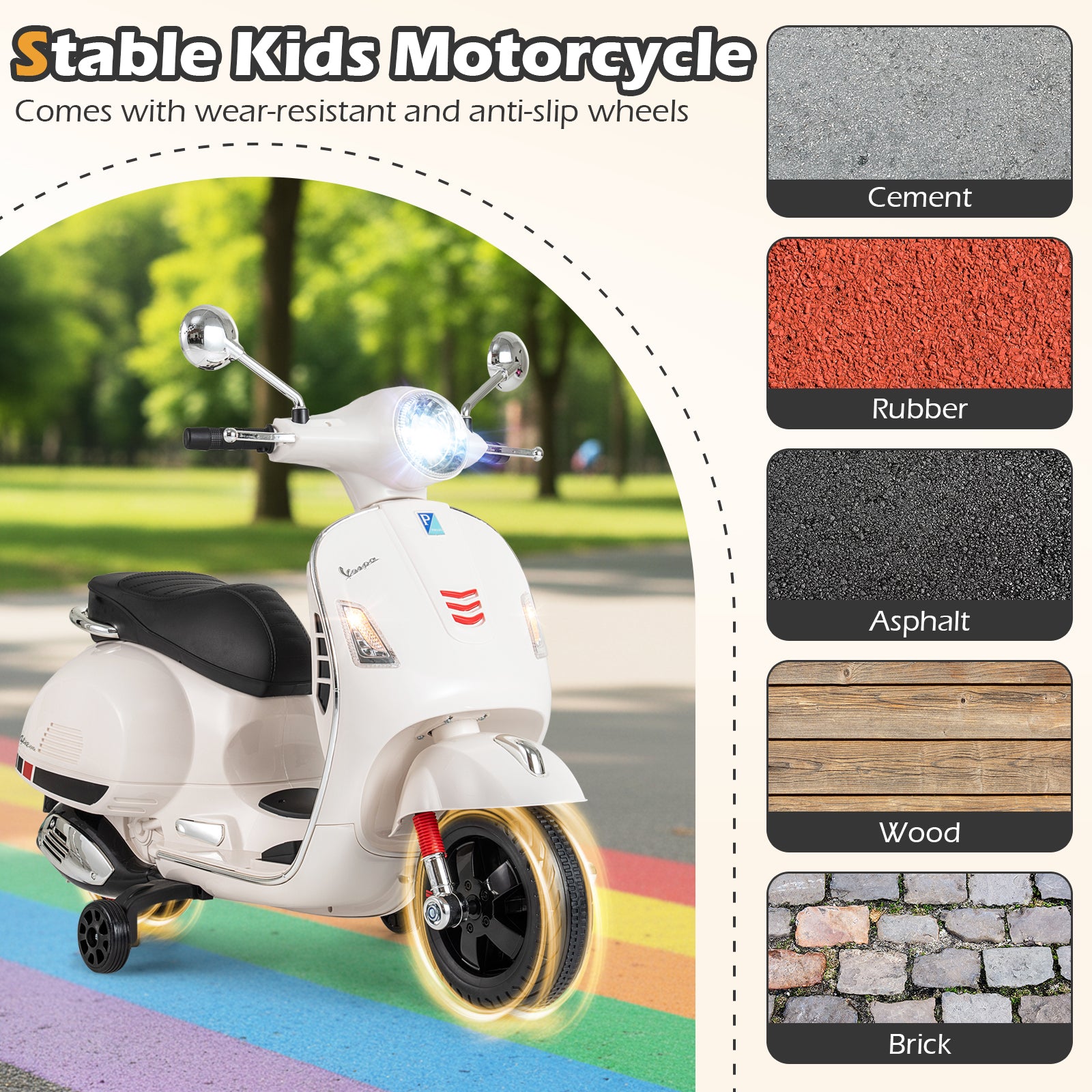White children's motorcycle with wear-resistant and anti-slip wheels on a colorful path, surrounded by pavement texture options.