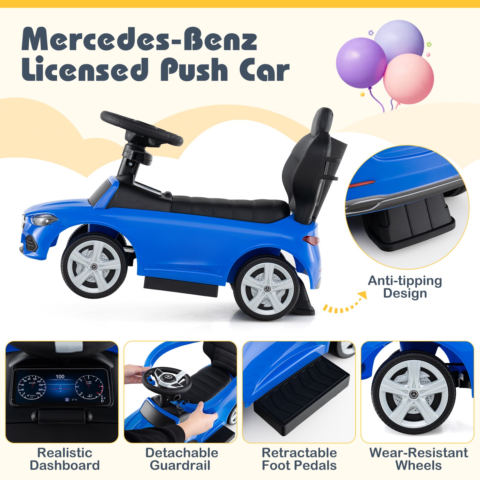 Blue Mercedes-Benz licensed push car with features highlighted on a yellow background