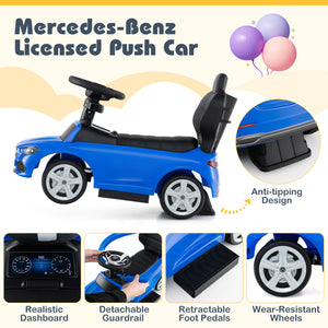 Blue Mercedes-Benz licensed push car with features highlighted on a yellow background