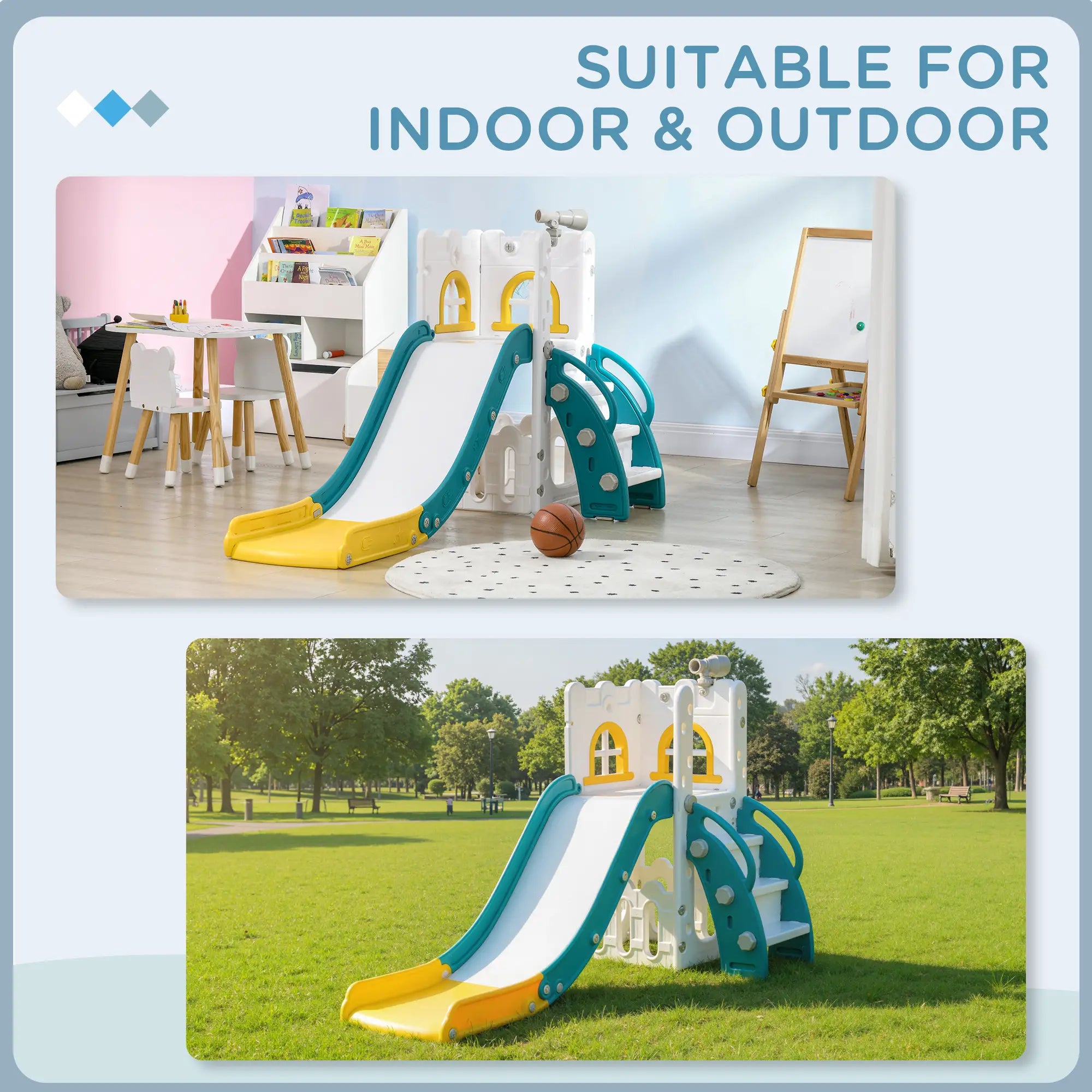 Children's slide suitable for indoor and outdoor use with text indicating suitability.