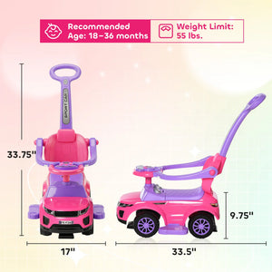 Pink and purple toy car with dimensions and weight limit information on a light pink background