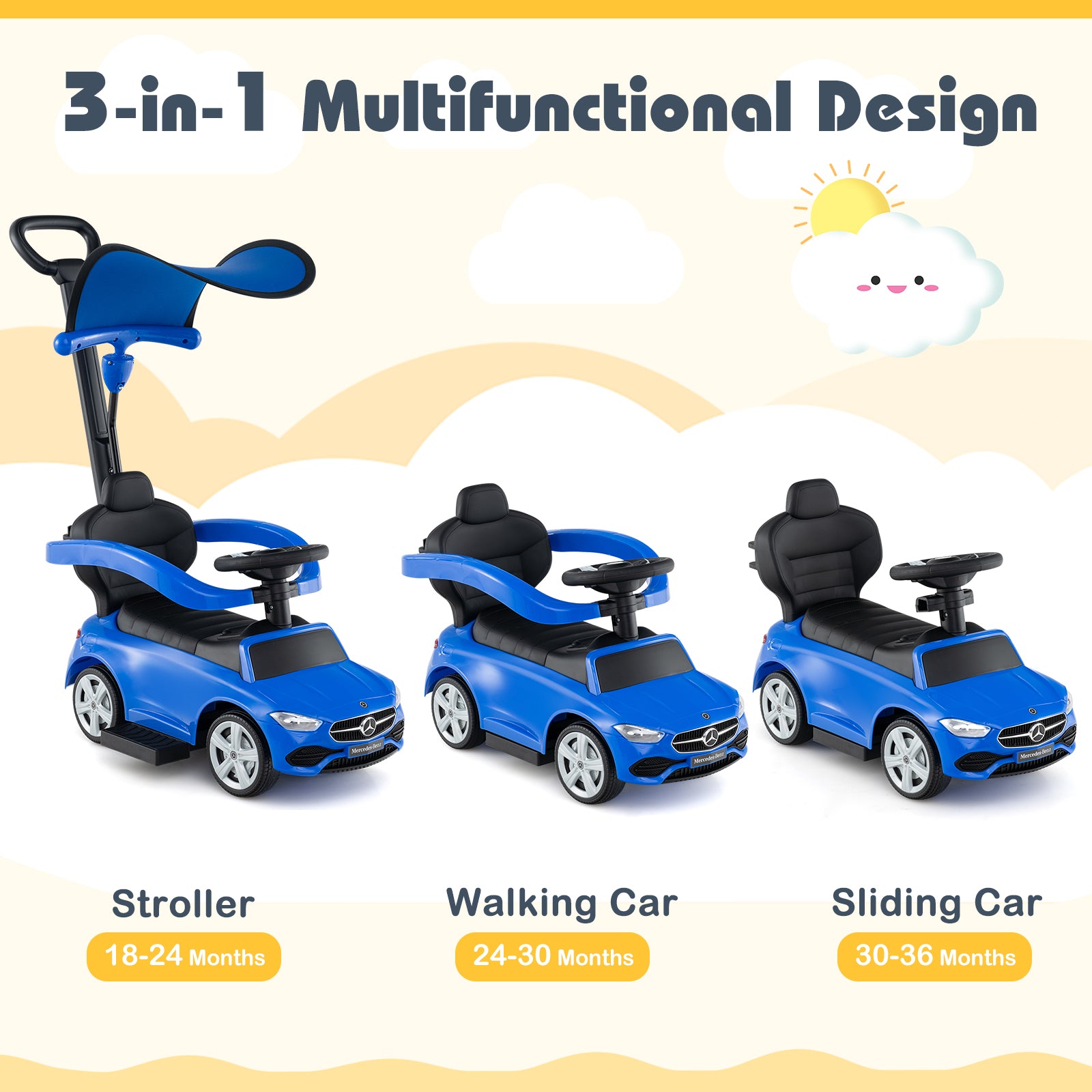 Blue 3-in-1 multifunctional children's vehicle with stroller, walking car, and sliding car features on a white background.
