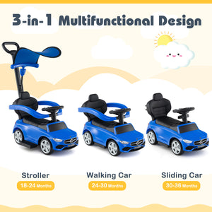 Blue 3-in-1 multifunctional children's vehicle with stroller, walking car, and sliding car features on a white background.