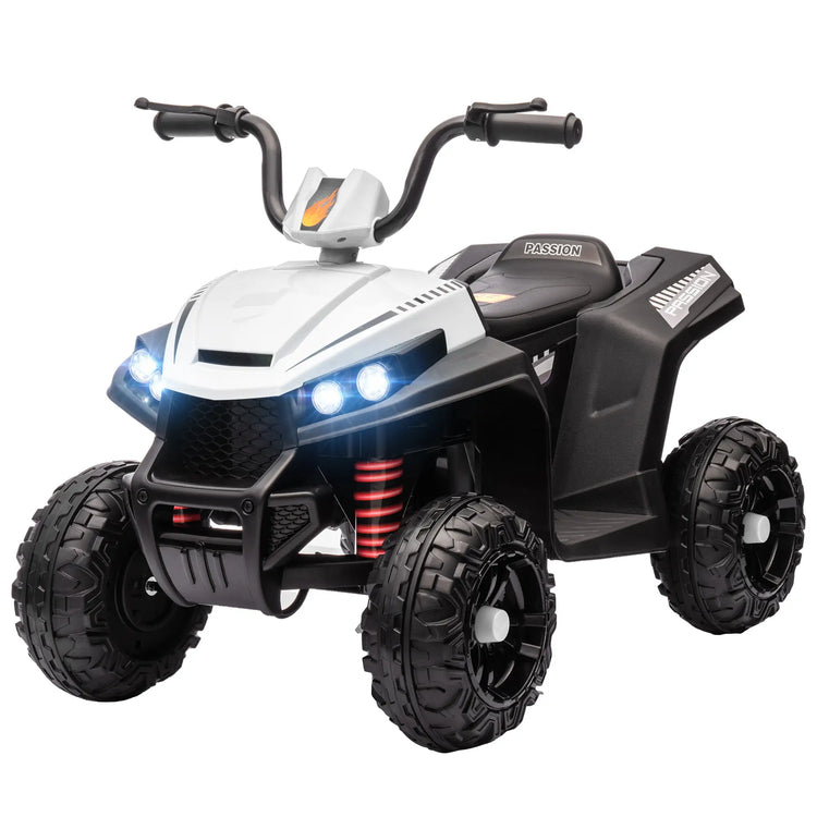 Sturdy white ride-on ATV for kids built with heavy-duty frame and safe design
