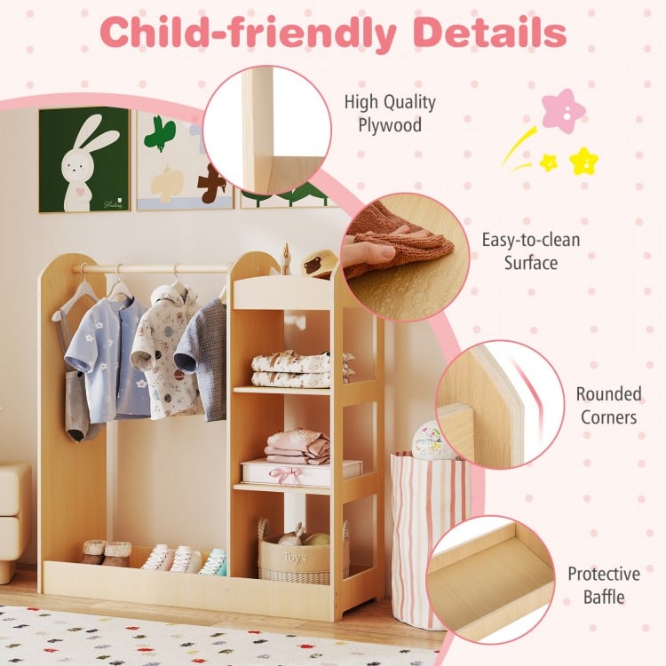 Sturdy wooden kids dress-up storage unit with mirror for playroom