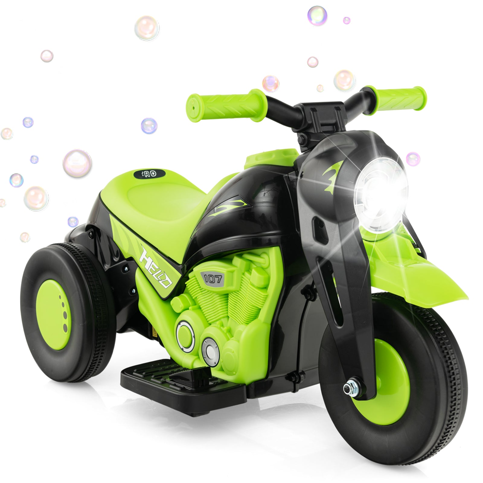 Green and black toy motorcycle with bubbles on a white background