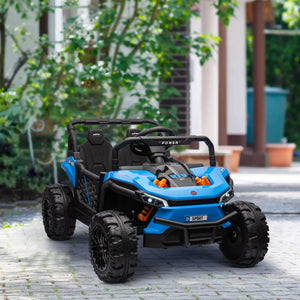 Blue toy ATV with black seats on a paved area with greenery in the background