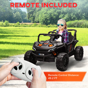 Child in a toy off-road vehicle with remote control, surrounded by greenery.