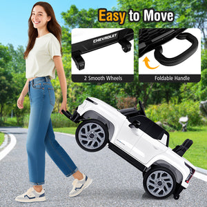 Person pushing a white toy car with features highlighted on a natural background