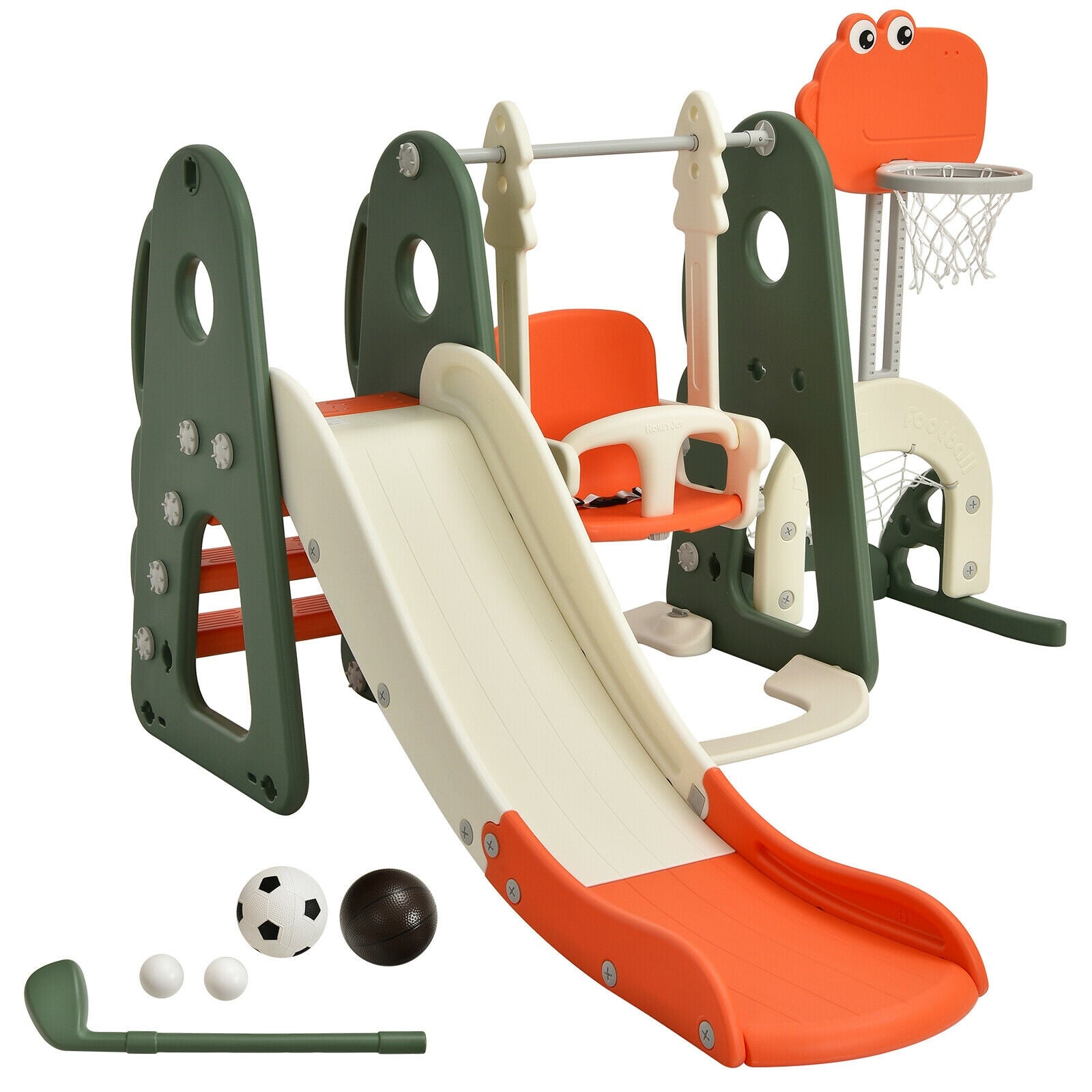 Children's playground set with slide, basketball hoop, and sports equipment on a white background