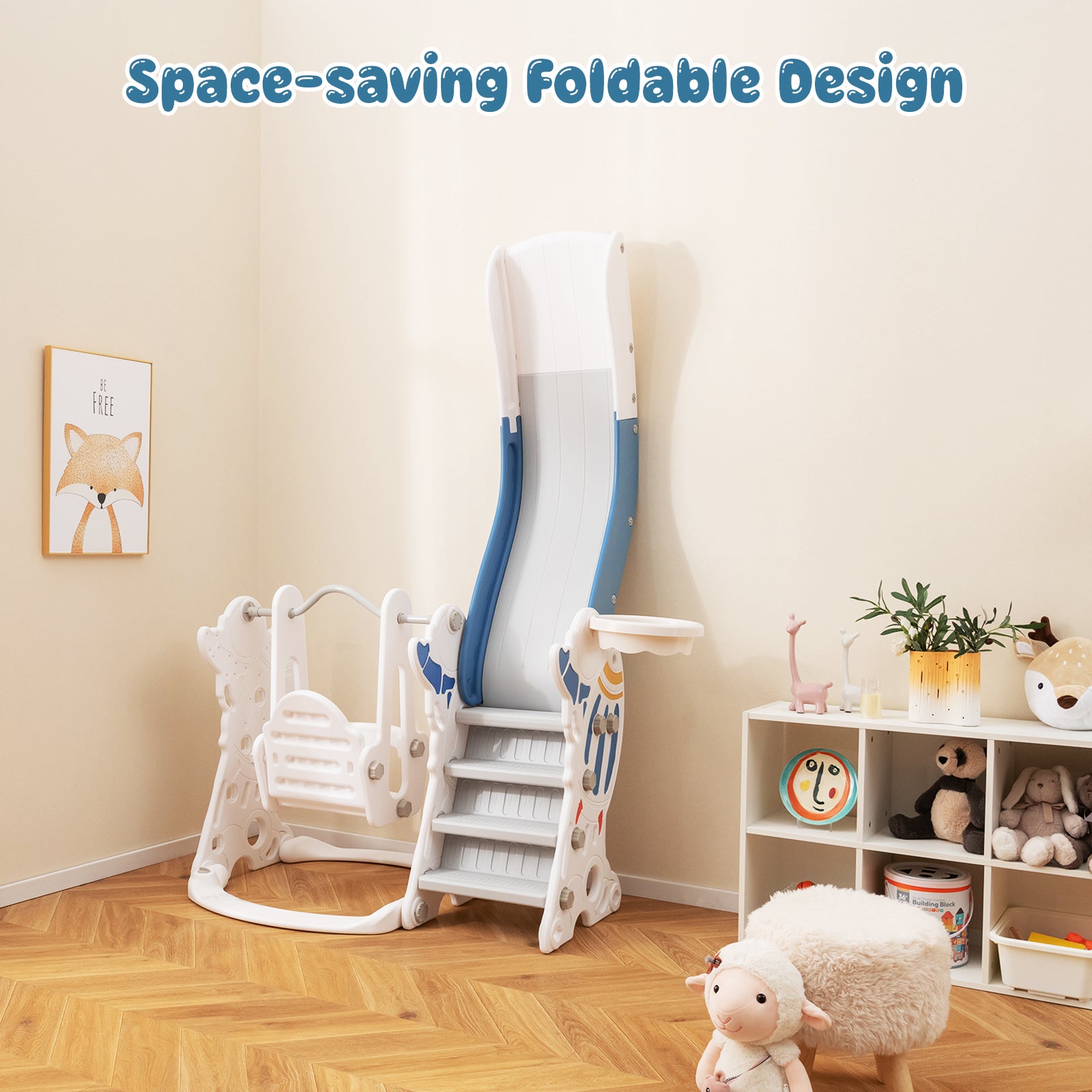 Space-saving foldable design product in a room with wooden floor and shelves.