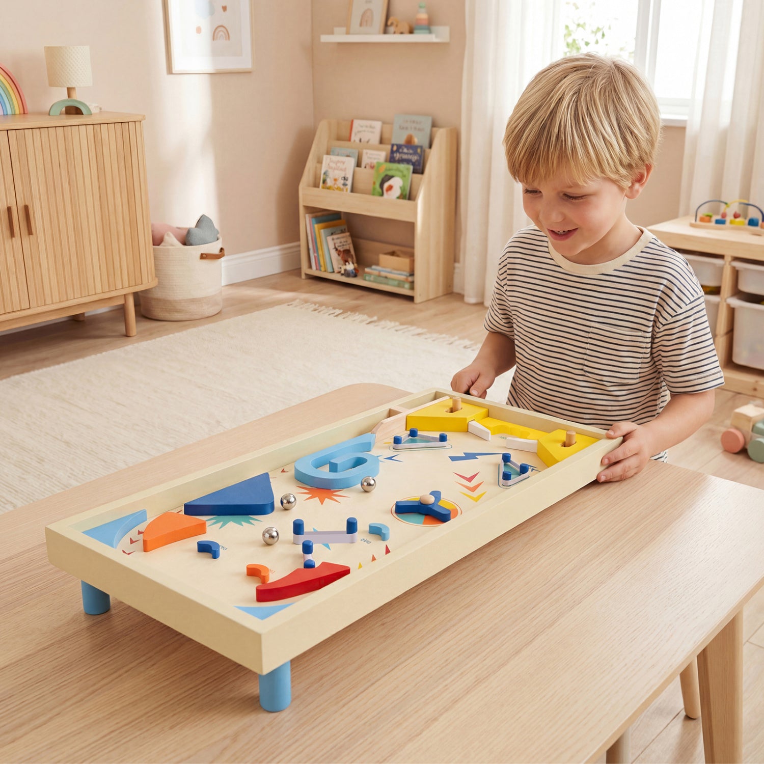 Tabletop wooden pinball game for kids and adults