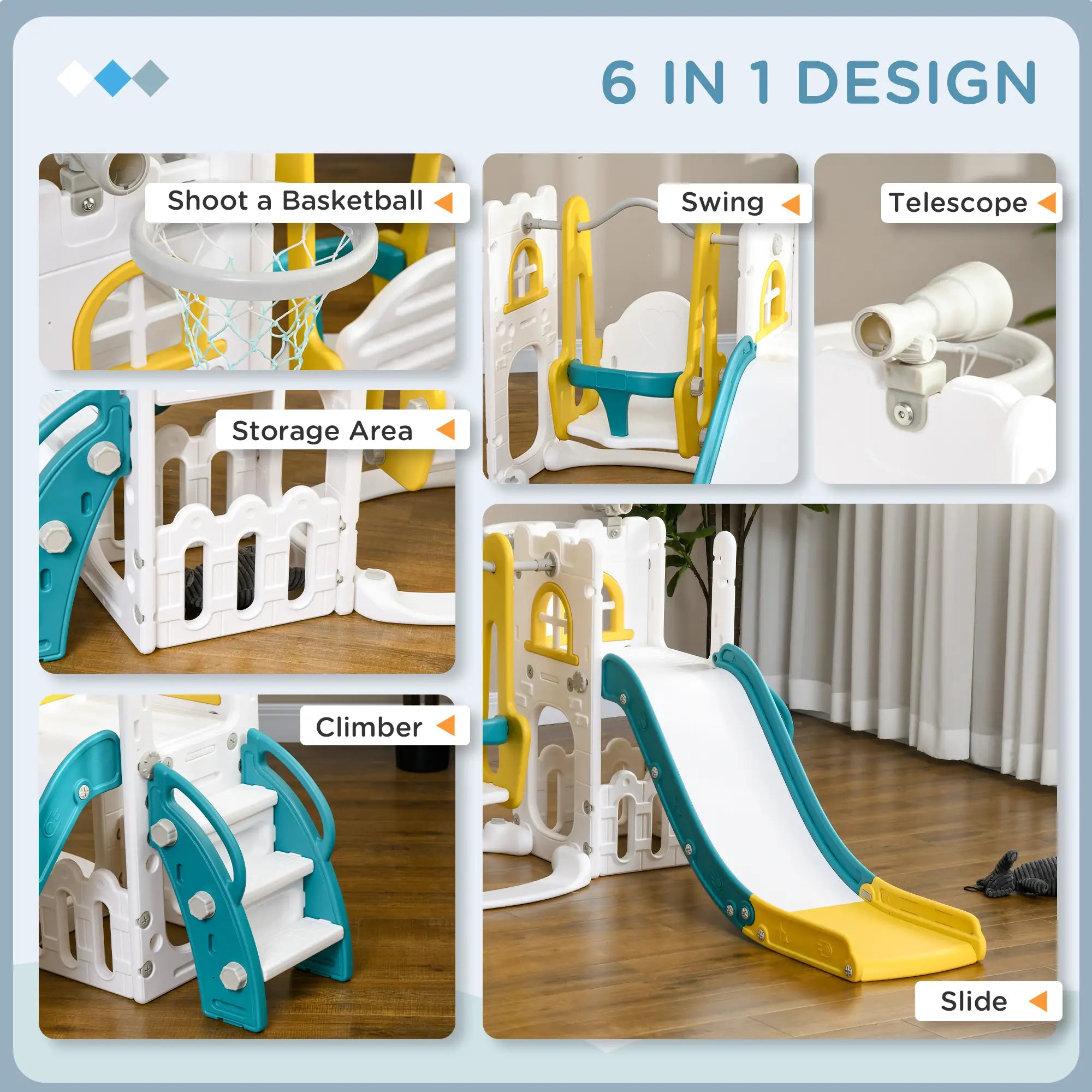 Children's play structure with multiple activities including a basketball hoop, swing, telescope, storage area, climber, and slide.