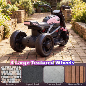 Children's three-wheeled motorcycle on a brick path with pavement texture overlay