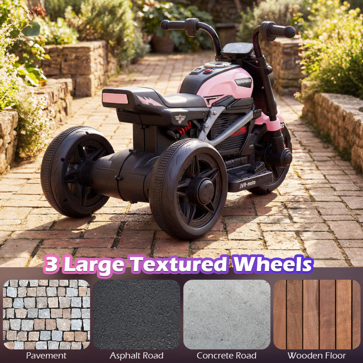 Children's three-wheeled motorcycle on a brick path with pavement texture overlay