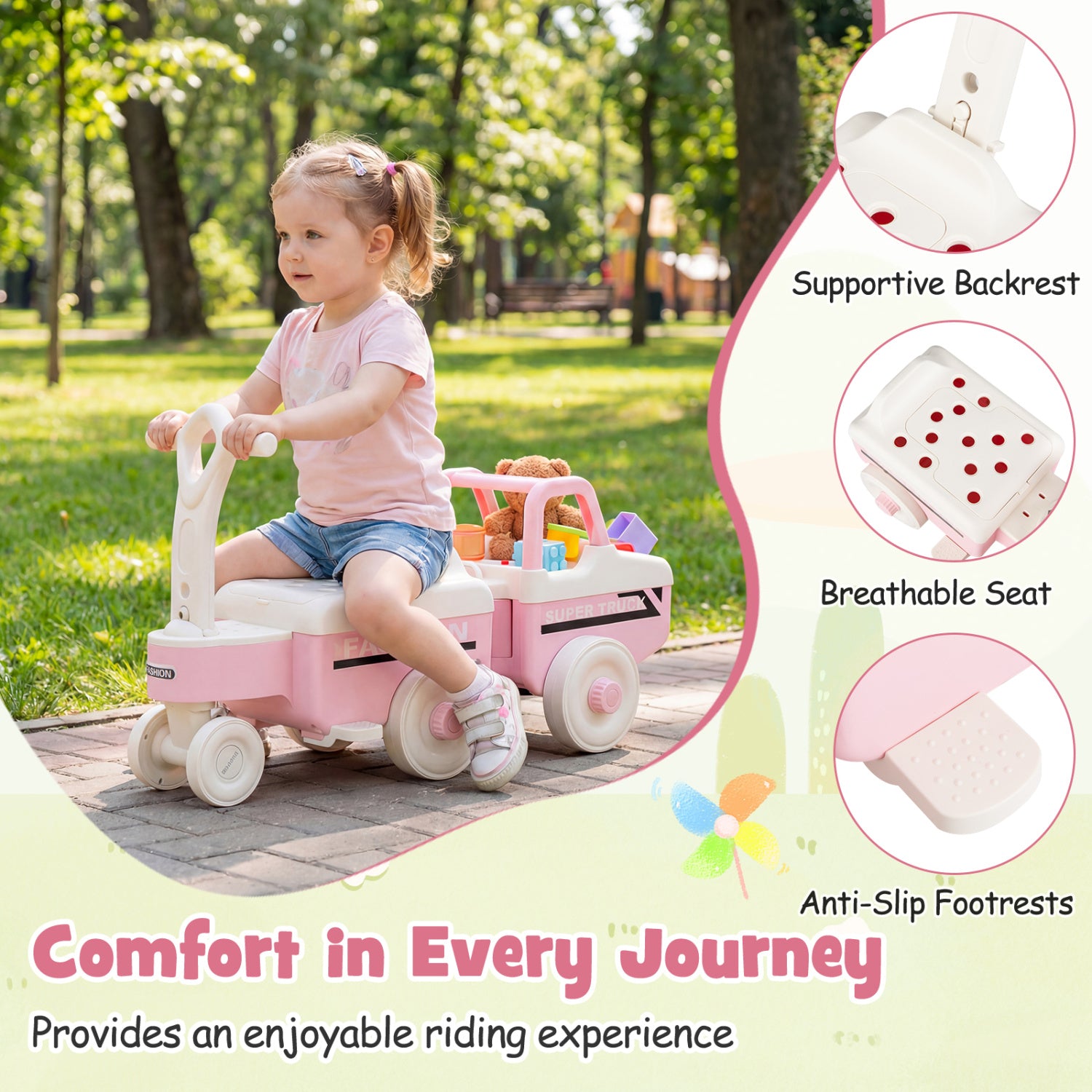 Child sitting in a pink toy wagon with features highlighted on the right, outdoors.