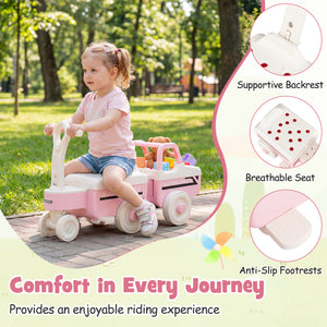 Child sitting in a pink toy wagon with features highlighted on the right, outdoors.