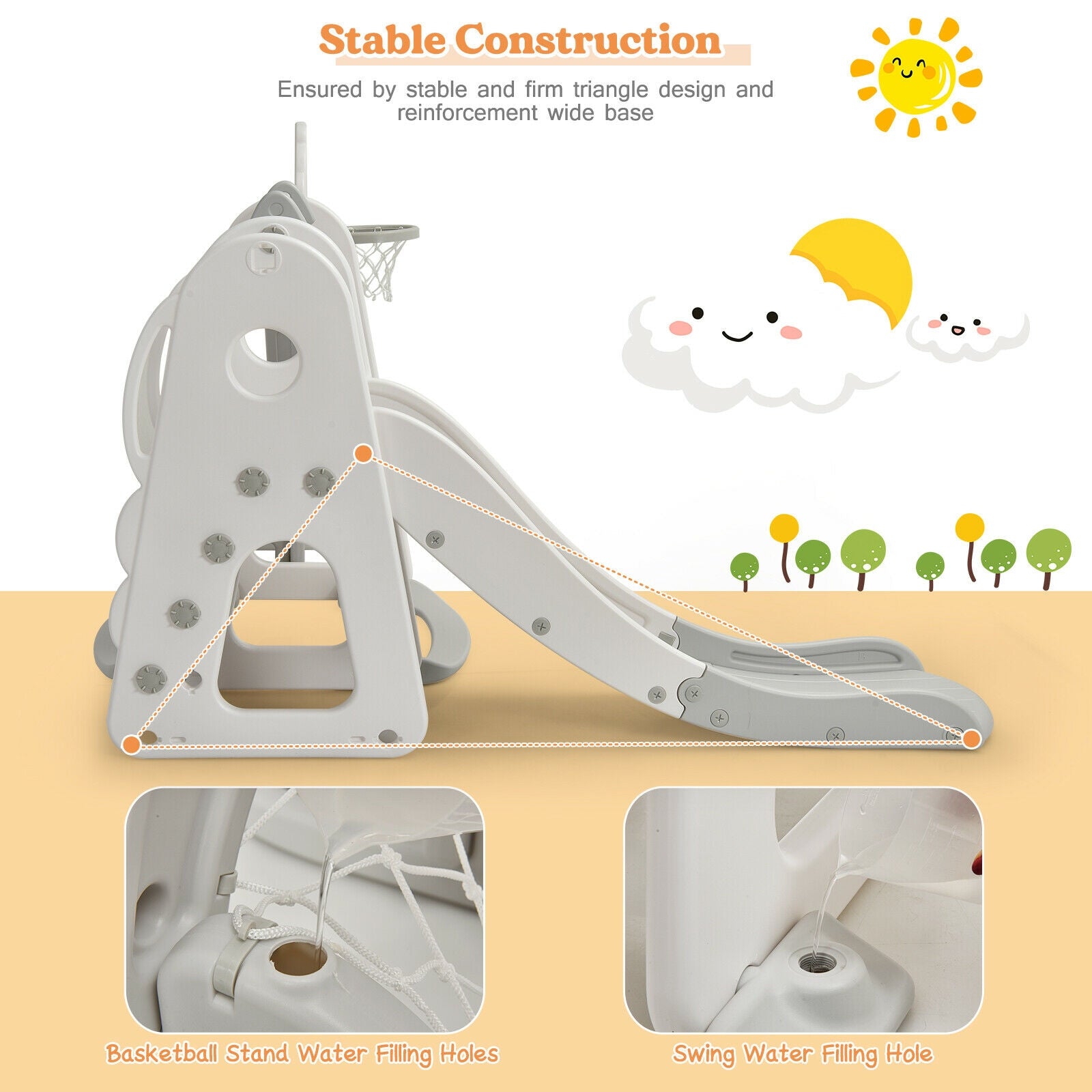 Children's playground slide with stable construction features and cartoon elements.