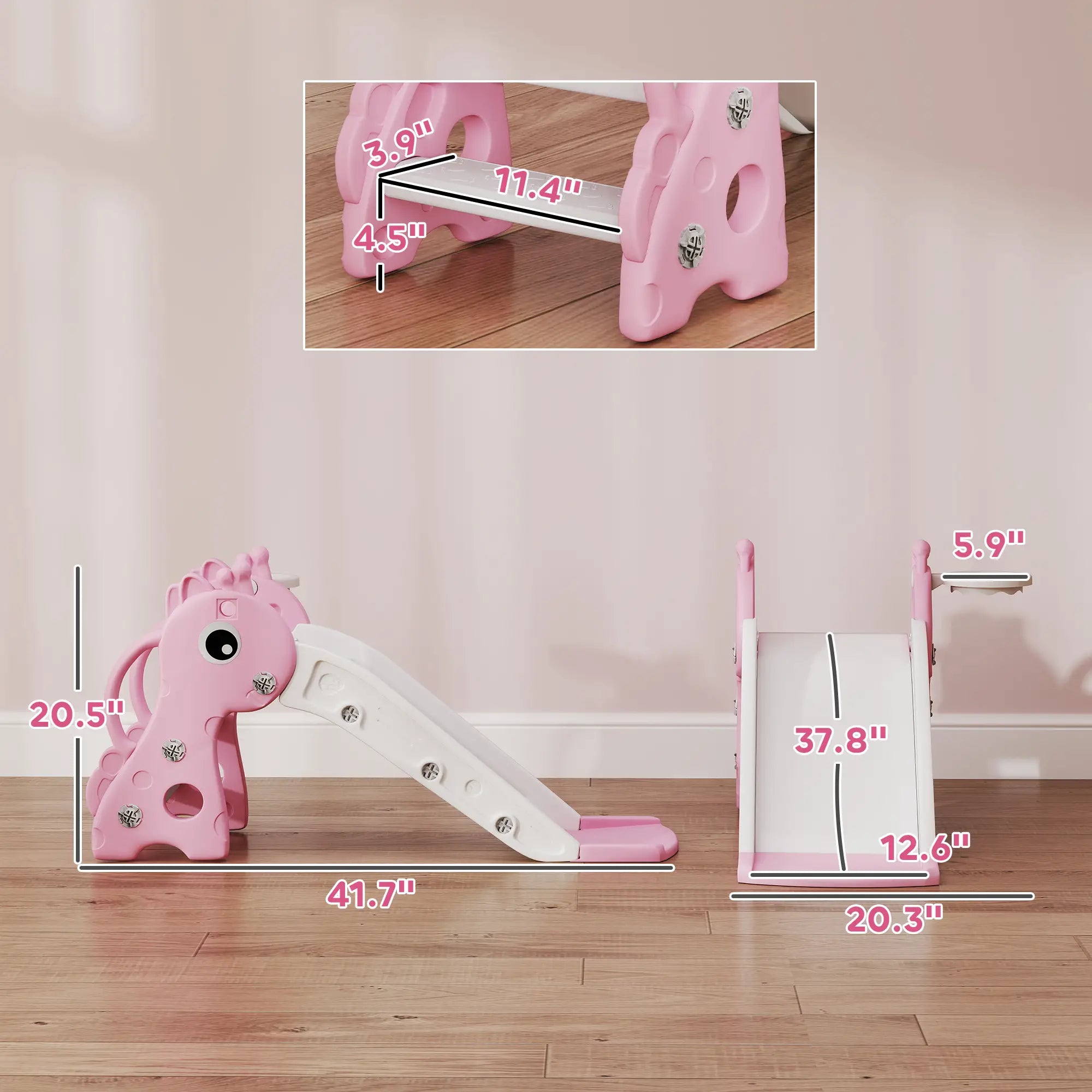 Pink children's slide with measurements on a wooden floor