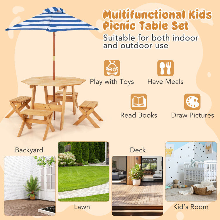 Multifunctional kids picnic table set with umbrella on a beige background