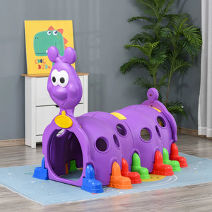 Purple caterpillar-shaped play structure with colorful accents on a wooden floor.
