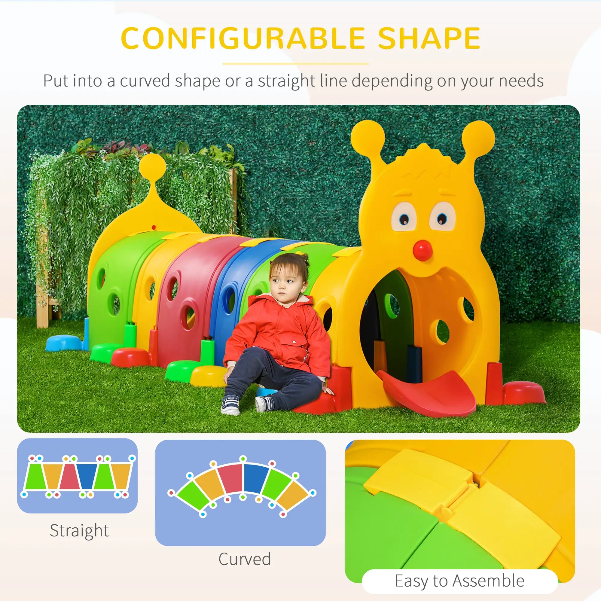 Colorful children's play structure with a child sitting on it, set against a green outdoor background.